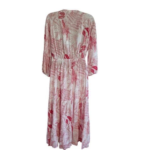 Khush Floral Tiered Midi Dress Size L White Red V-neck Boho Cottage Resort - Picture 4 of 12